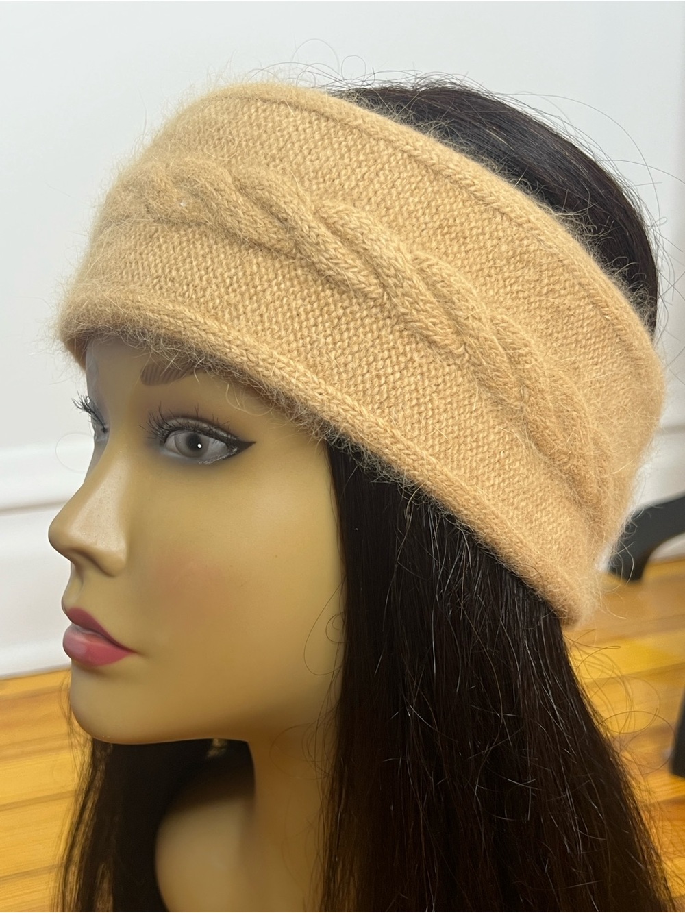 Angora Blend Beige Fuzzy Knit Headband Ear Warmer Winter